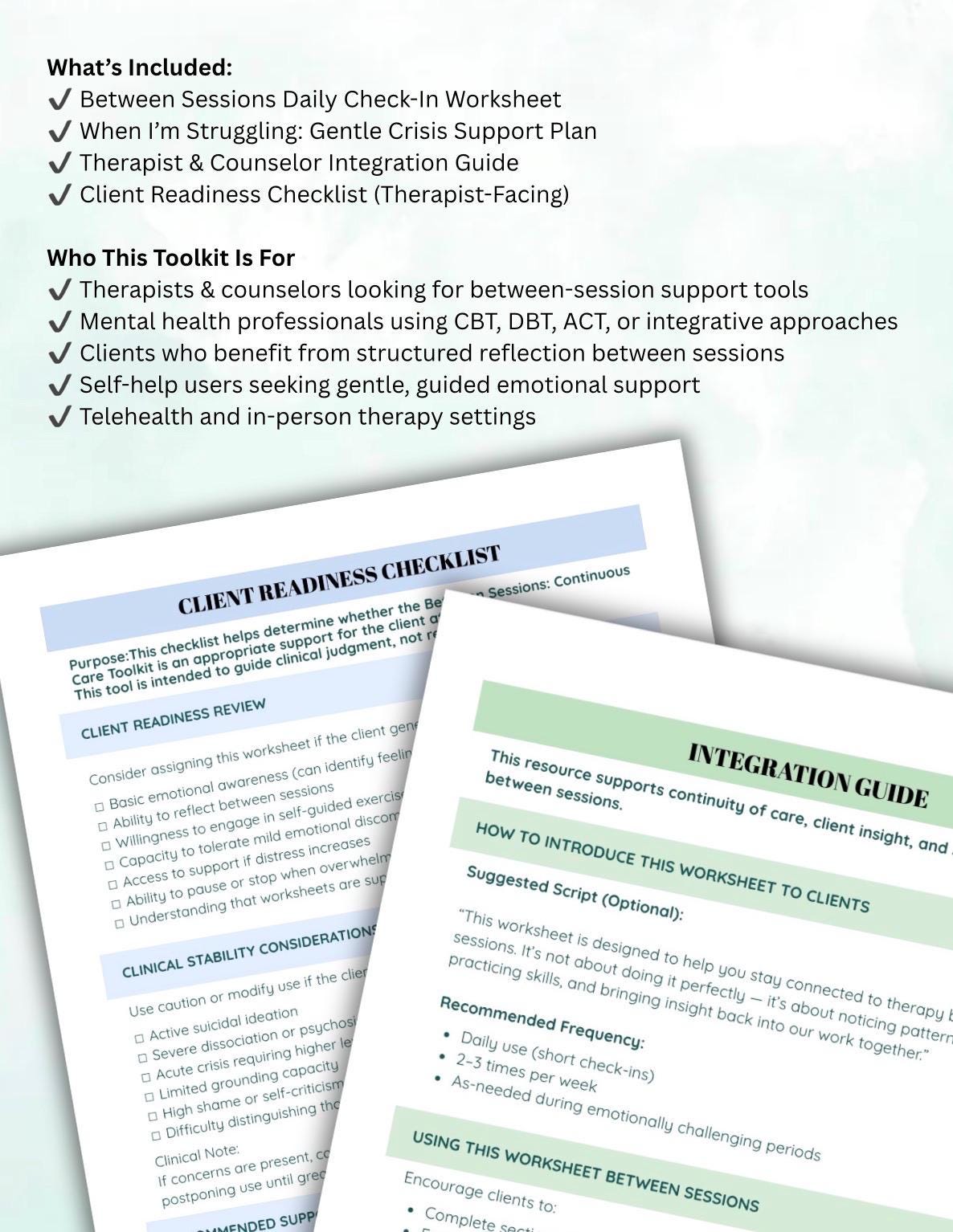 Therapy Toolkit, Between Sessions Worksheets, Coping Skills, Crisis Plan (PDF Printable Bundle)