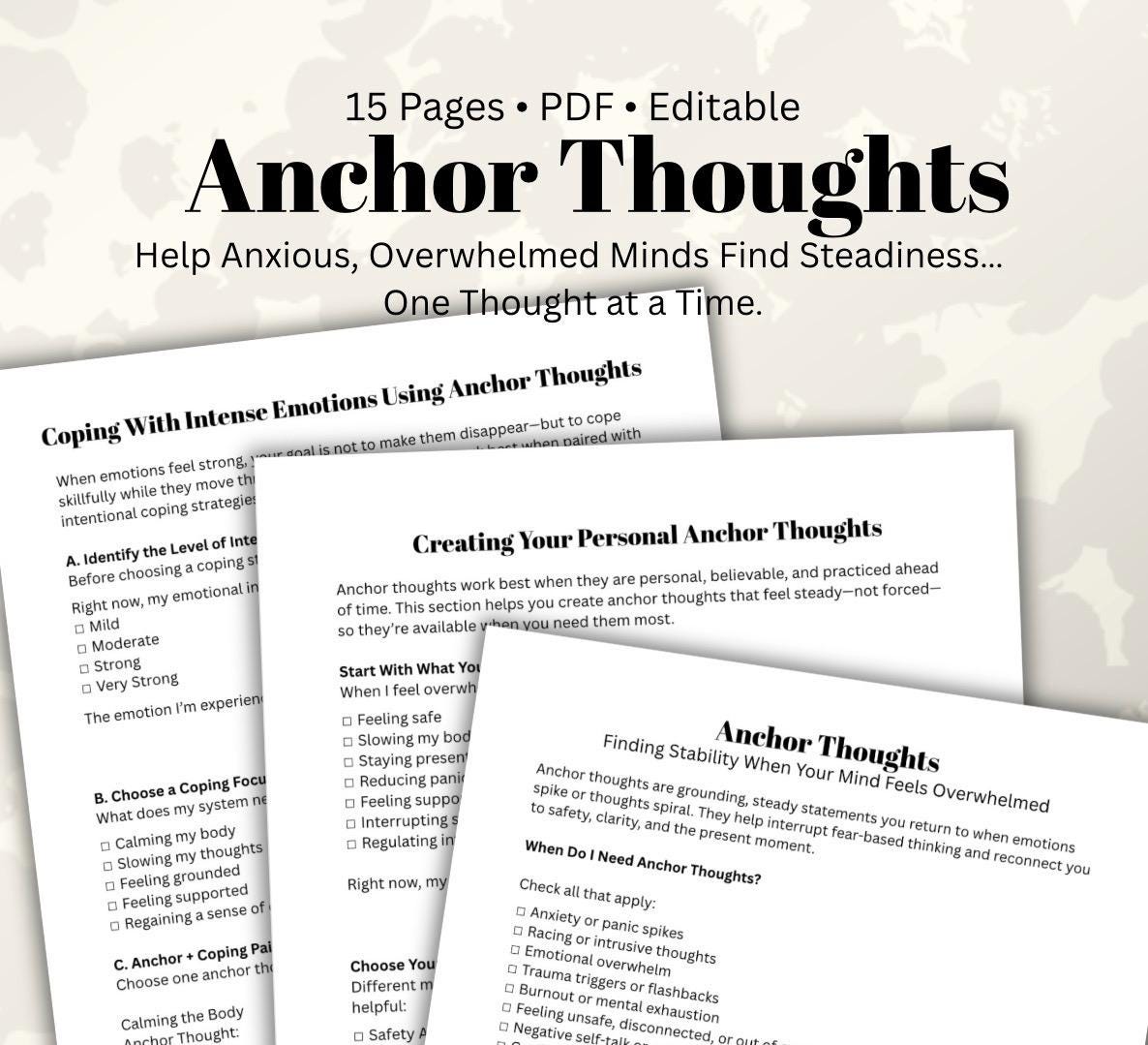 Anchor Thoughts Worksheet: Anxiety, Grounding, Trauma-Informed (PDF Printable, Editable 15-Page Toolkit)