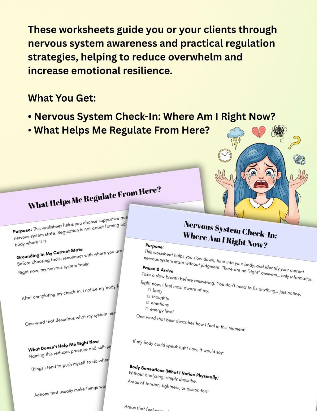 Nervous System Check-In Worksheets, Emotional Regulation Tools (PDF Printables, Editable, 7 Pages)