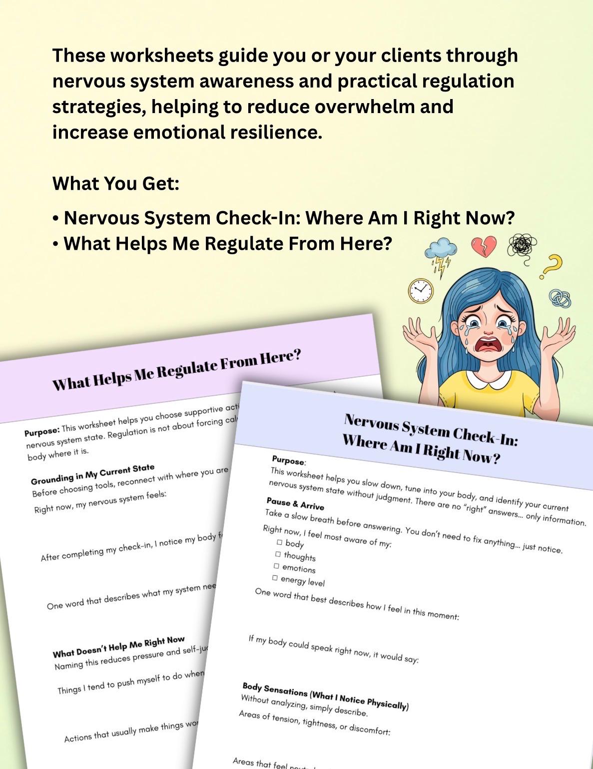 Nervous System Check-In Worksheets, Emotional Regulation Tools (PDF Printables, Editable, 7 Pages)