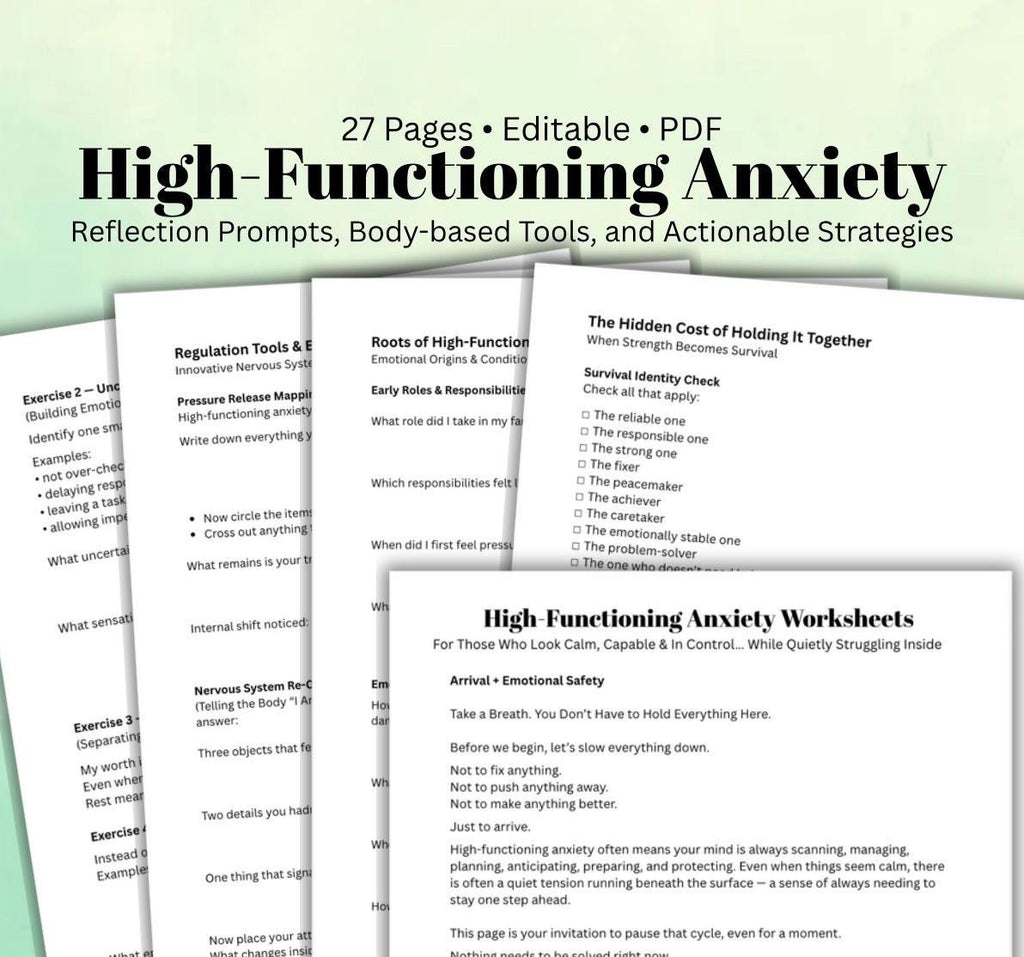 High-Functioning Anxiety Workbook, Somatic Exercises, Therapist Toolkit (PDF Download, Editable, 27 Pages)