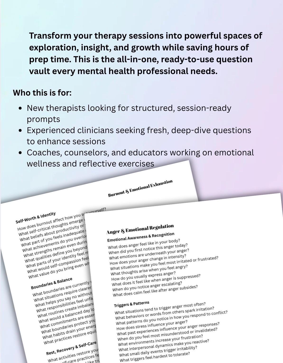 Therapist Toolkit: 2500+ Thought-Provoking Questions for Anxiety, Trauma, Depression, Grief, Addiction Mental Health Sessions