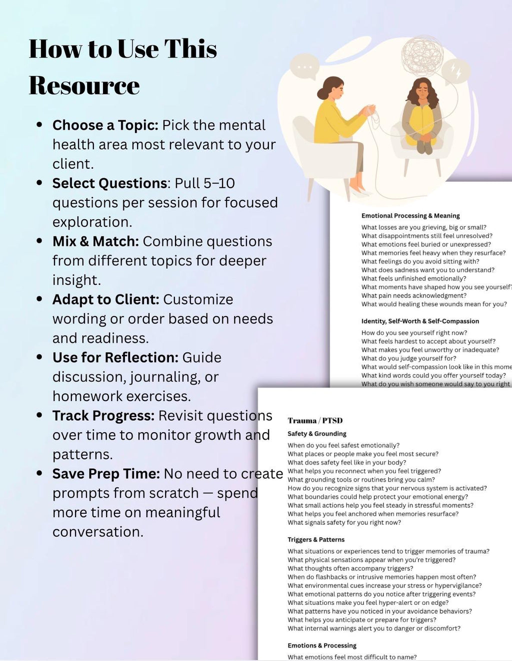 Therapist Toolkit: 2500+ Thought-Provoking Questions for Anxiety, Trauma, Depression, Grief, Addiction Mental Health Sessions