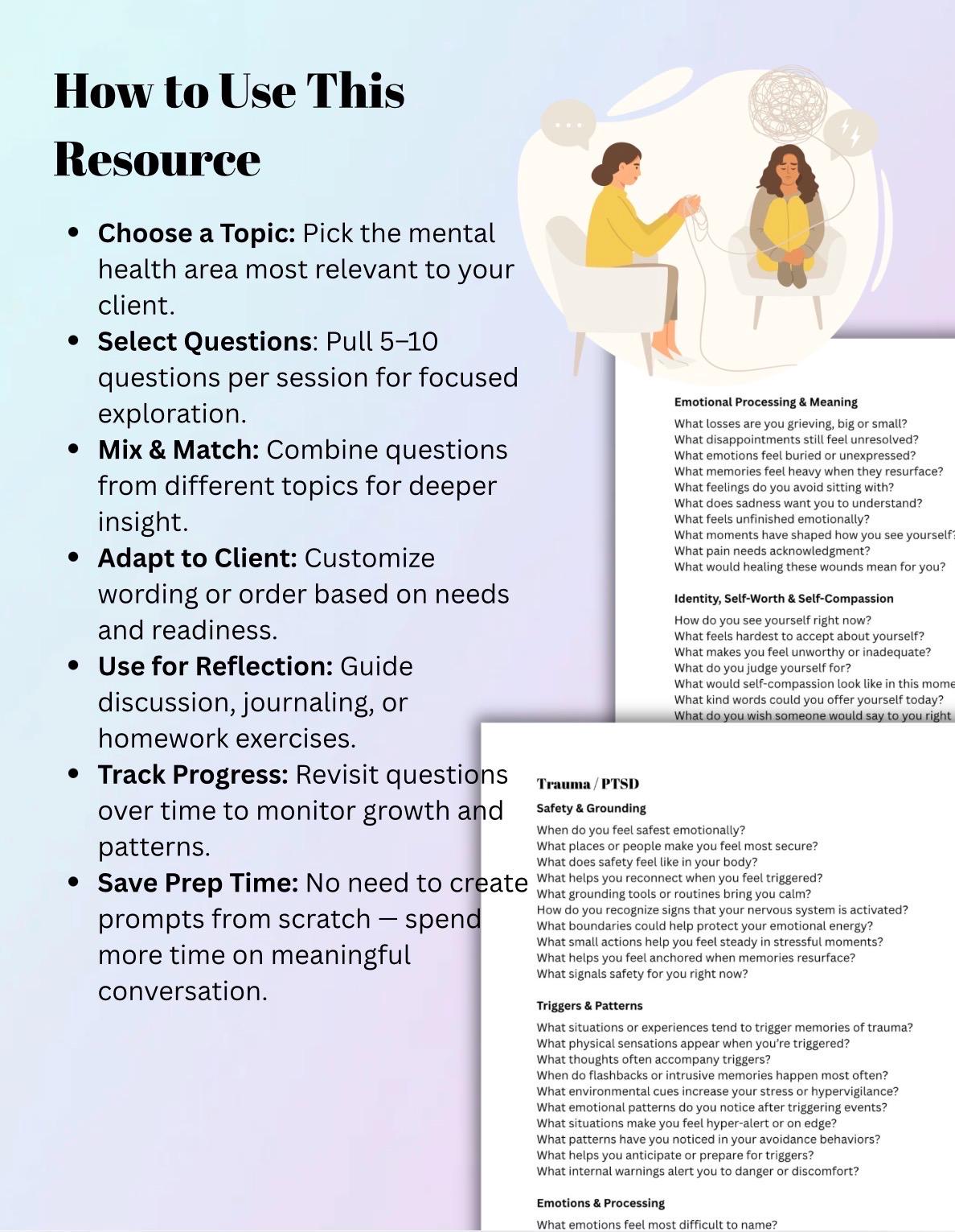 Therapist Toolkit: 2500+ Thought-Provoking Questions for Anxiety, Trauma, Depression, Grief, Addiction Mental Health Sessions