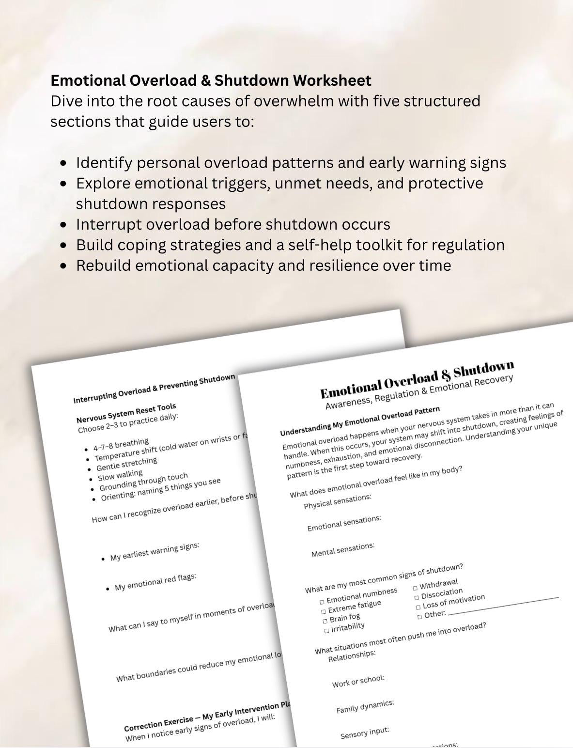 Emotional Overload & Shutdown Worksheets, Trauma-Informed Therapy (PDF Download
