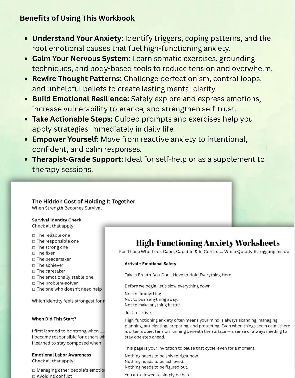 High-Functioning Anxiety Workbook, Somatic Exercises, Therapist Toolkit (PDF Download, Editable, 27 Pages)