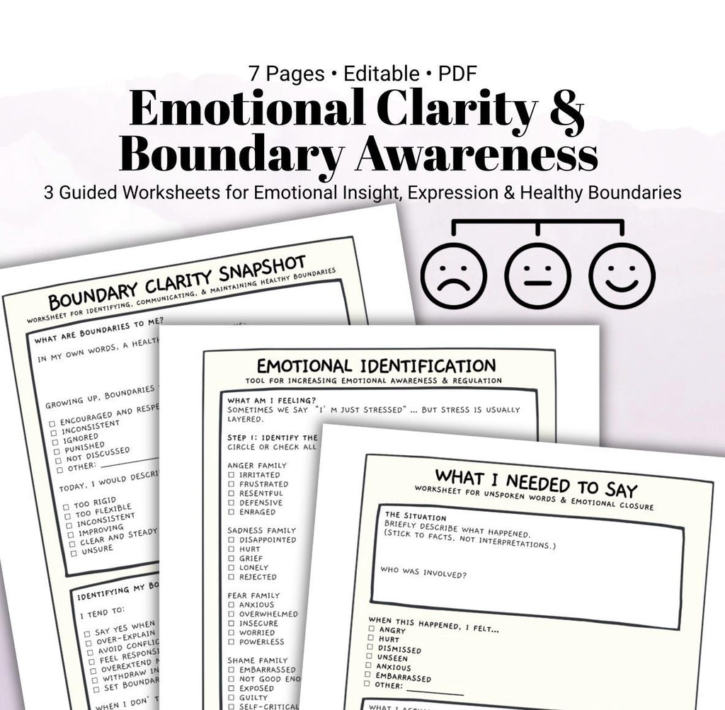 Emotional Awareness Worksheets, Boundary Clarity, Therapy Self-Help (PDF Printable Bundle, 7 Pages, Editable)