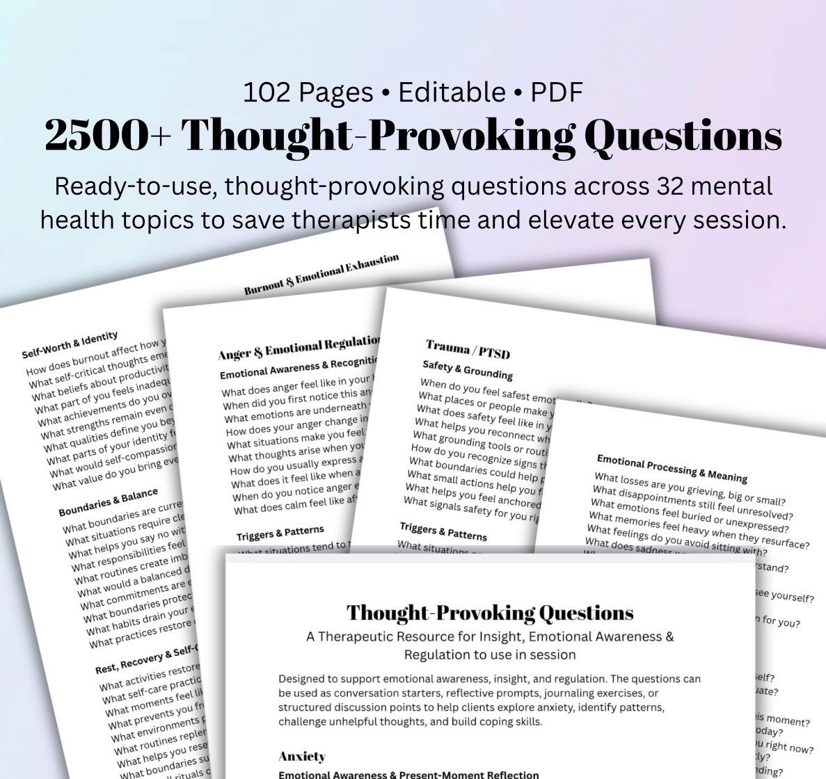 Therapist Toolkit: 2500+ Thought-Provoking Questions for Anxiety, Trauma, Depression, Grief, Addiction Mental Health Sessions