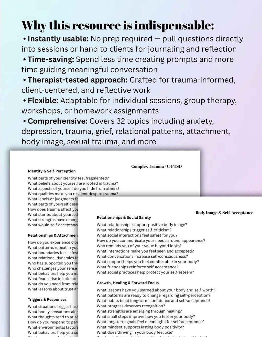 Therapist Toolkit: 2500+ Thought-Provoking Questions for Anxiety, Trauma, Depression, Grief, Addiction Mental Health Sessions