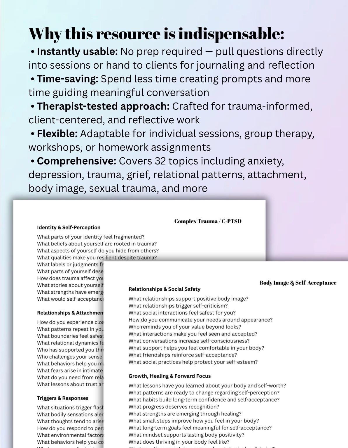 Therapist Toolkit: 2500+ Thought-Provoking Questions for Anxiety, Trauma, Depression, Grief, Addiction Mental Health Sessions