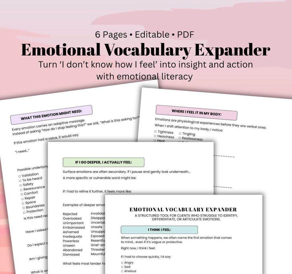 Emotional Vocabulary Emotions Literacy Toolkit, Therapy Worksheets, Emotional Awareness (PDF Digital Download)