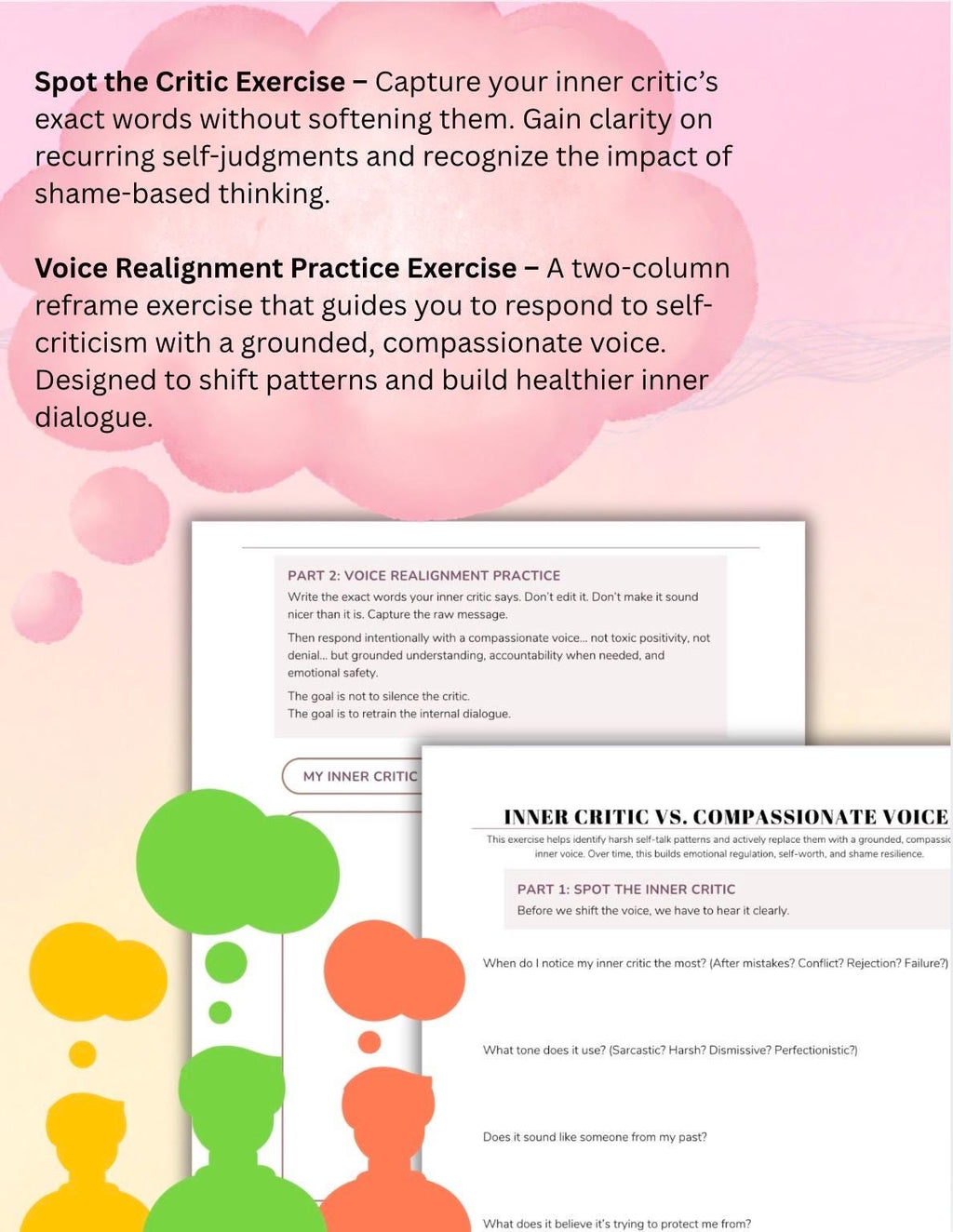 Inner Critic vs Compassionate Voice Worksheet Self-Esteem, Shame Healing, Self-Compassion Exercises, Therapy Printable