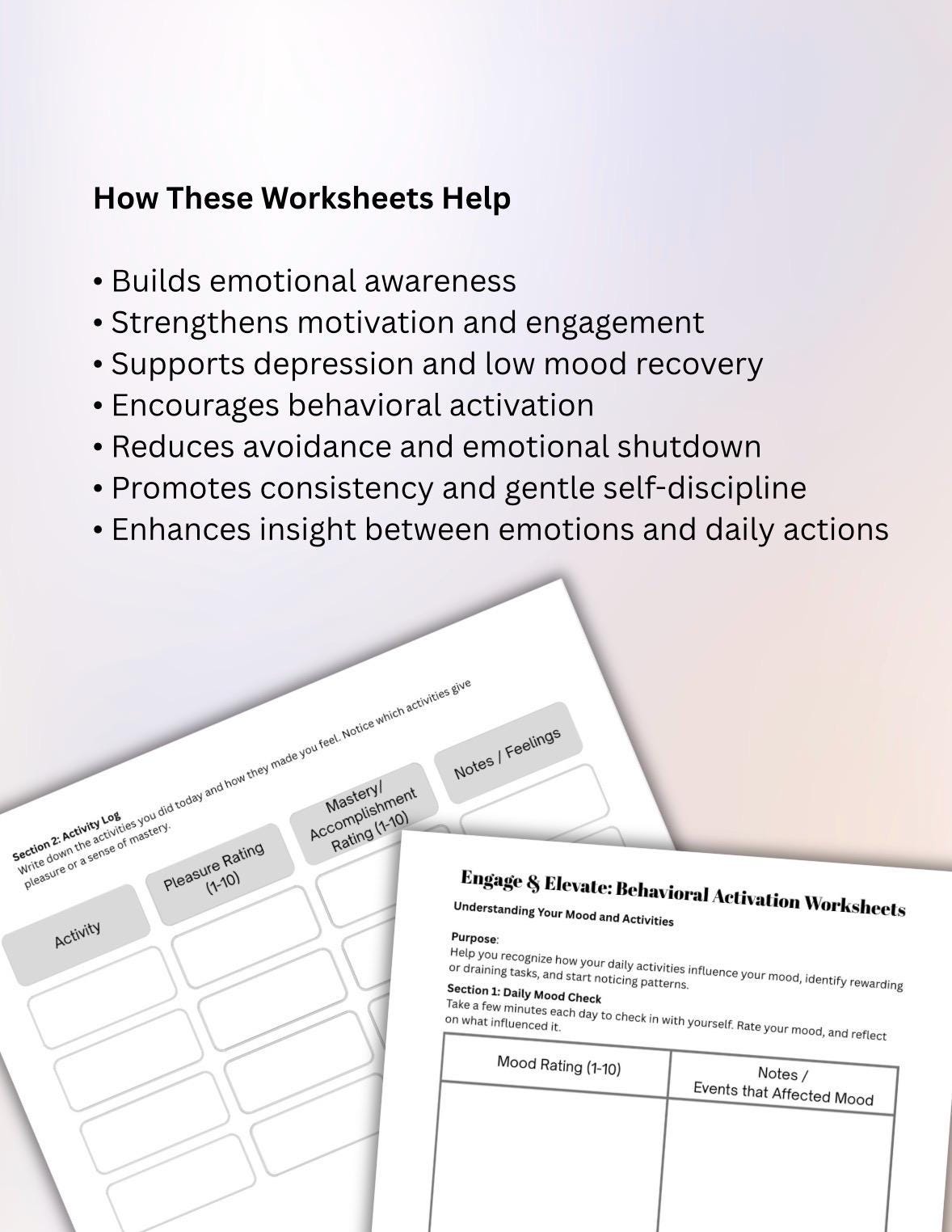 Behavioral Activation Worksheet Daily Mood & Activity Tracker for Therapy, Depression, Anxiety, Burnout Emotional Wellness