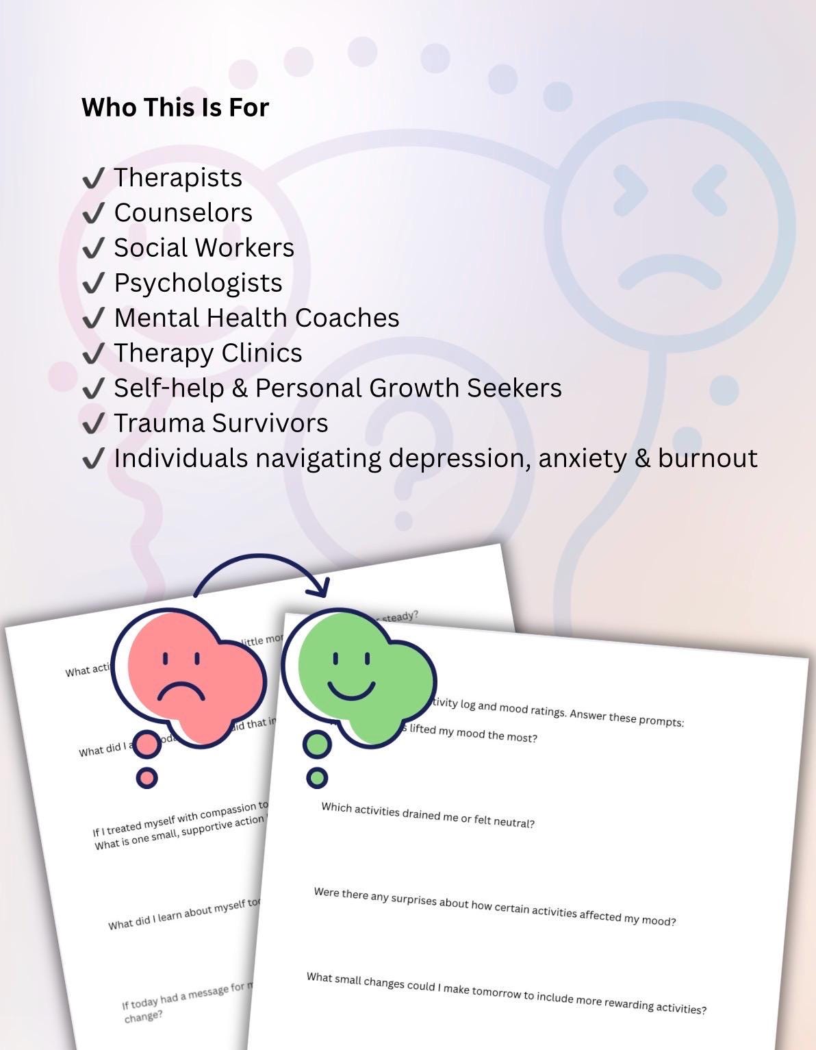 Behavioral Activation Worksheet Daily Mood & Activity Tracker for Therapy, Depression, Anxiety, Burnout Emotional Wellness