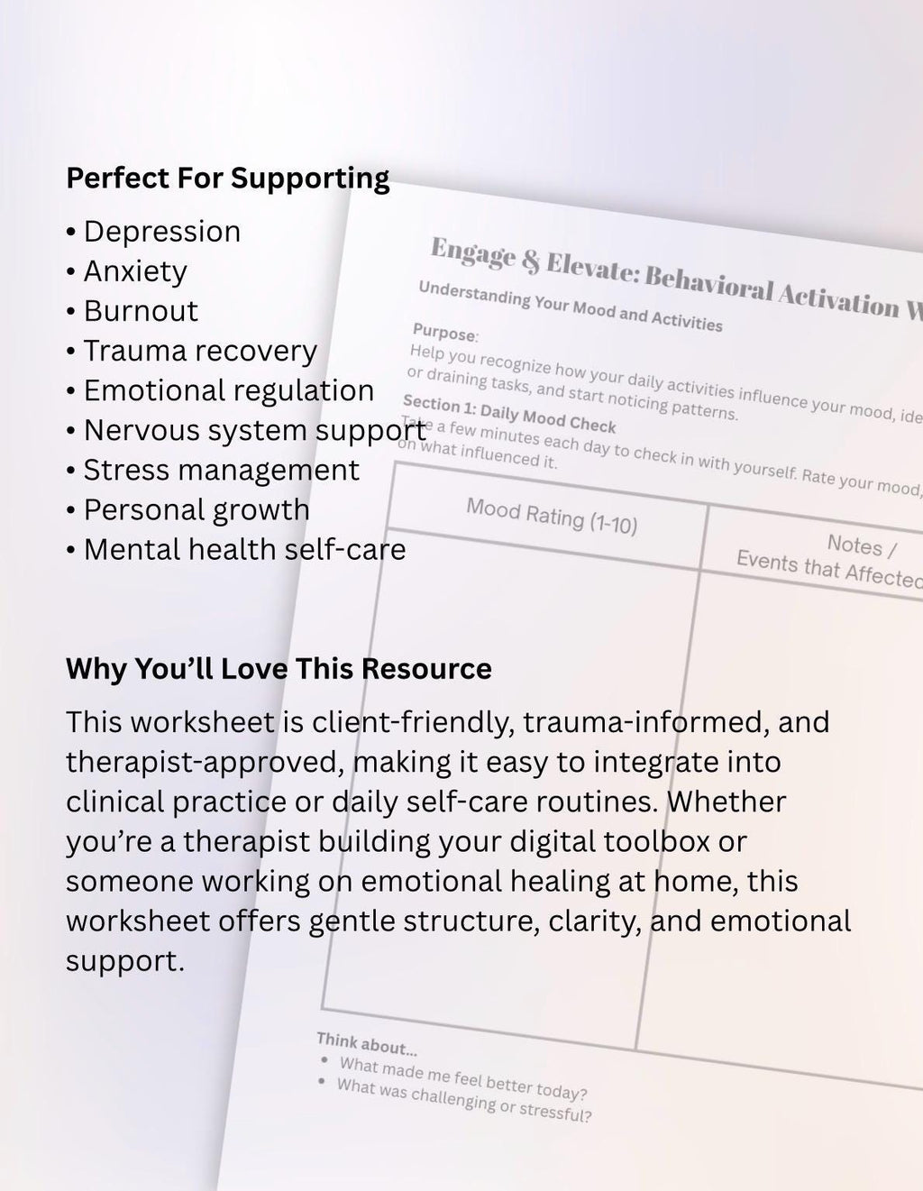 Behavioral Activation Worksheet Daily Mood & Activity Tracker for Therapy, Depression, Anxiety, Burnout Emotional Wellness