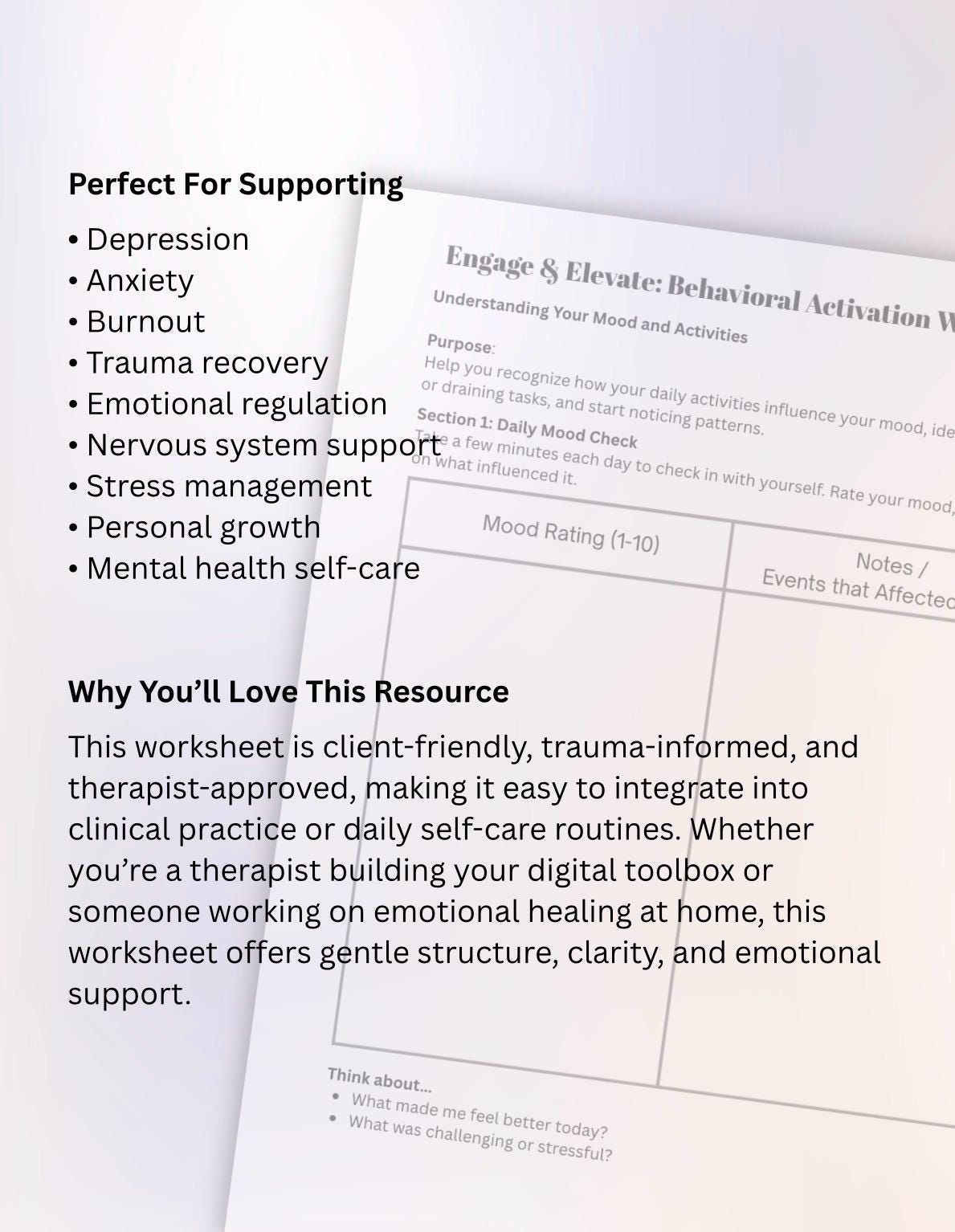 Behavioral Activation Worksheet Daily Mood & Activity Tracker for Therapy, Depression, Anxiety, Burnout Emotional Wellness