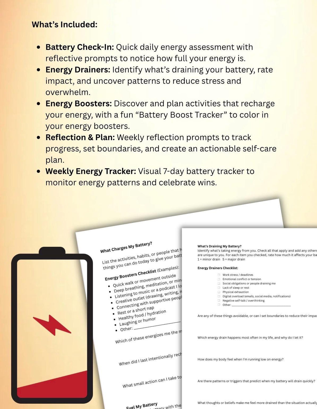 Check My Battery Worksheet | Energy Tracker, Self-Care Planner, Burnout Prevention, Mental Health Printable, Weekly Energy Log