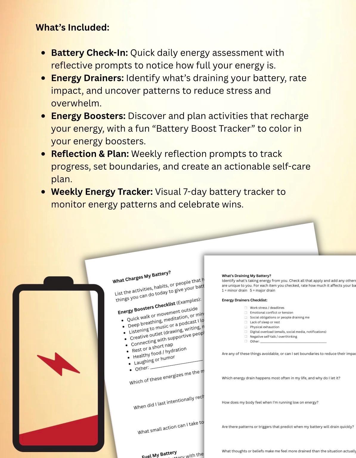 Check My Battery Worksheet | Energy Tracker, Self-Care Planner, Burnout Prevention, Mental Health Printable, Weekly Energy Log