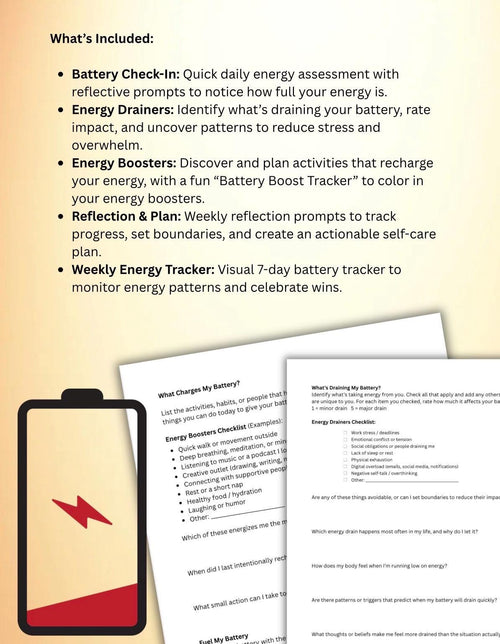 Check My Battery Worksheet | Energy Tracker, Self-Care Planner, Burnout Prevention, Mental Health Printable, Weekly Energy Log