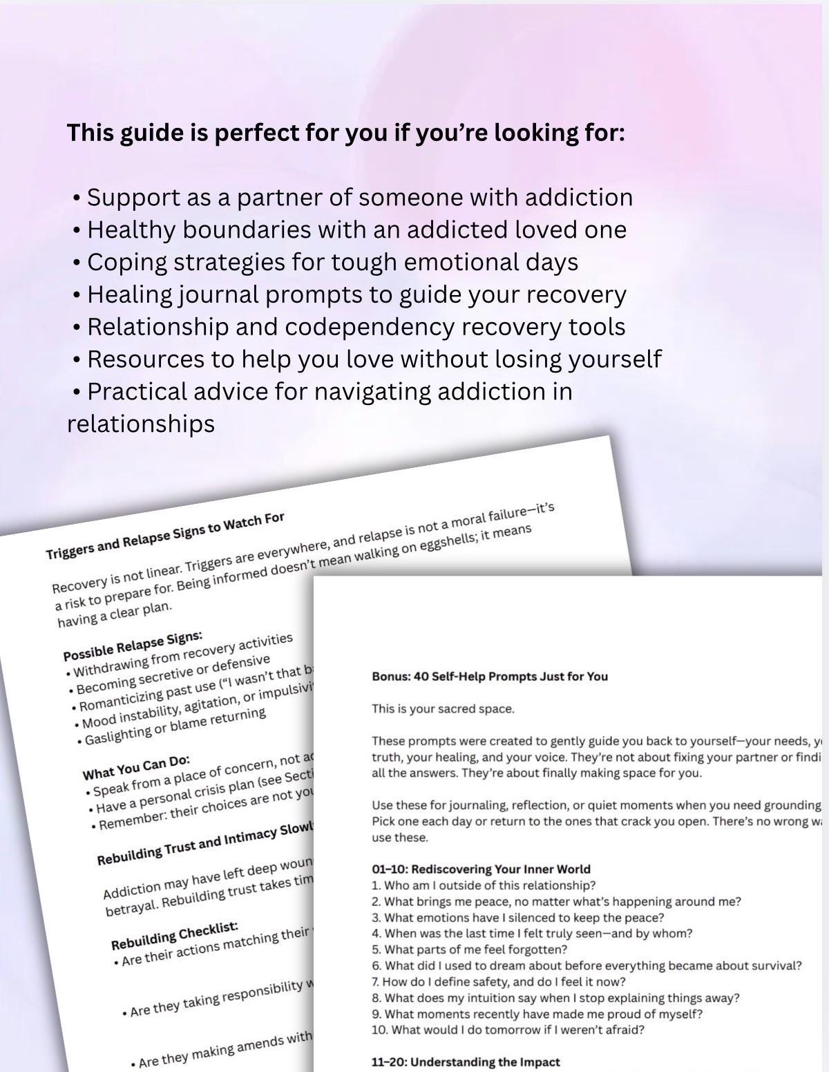 Spouse Support for Addiction Worksheets for Boundaries, Healing, Coping (PDF)