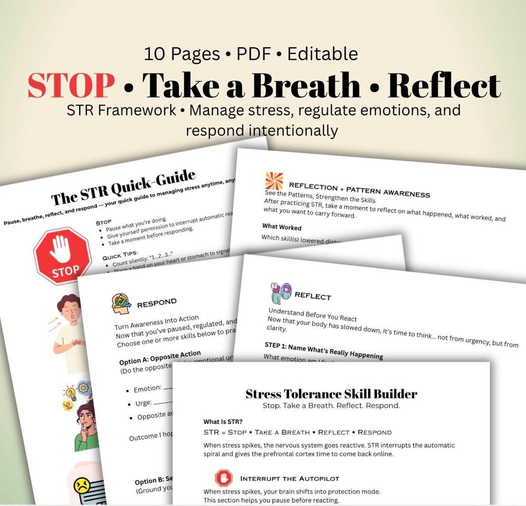 Stress Tolerance Skill Builder STR Distress Tolerance Worksheet Stop Take a Breath Reflect Respond CBT & DBT Digital Download Print