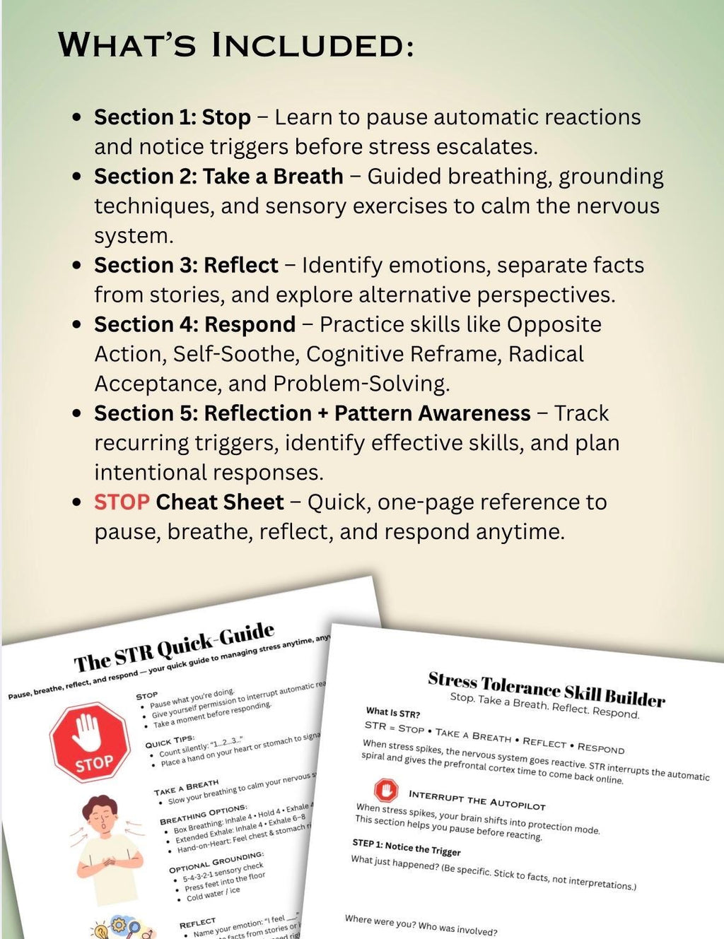Stress Tolerance Skill Builder STR Distress Tolerance Worksheet Stop Take a Breath Reflect Respond CBT & DBT Digital Download Print