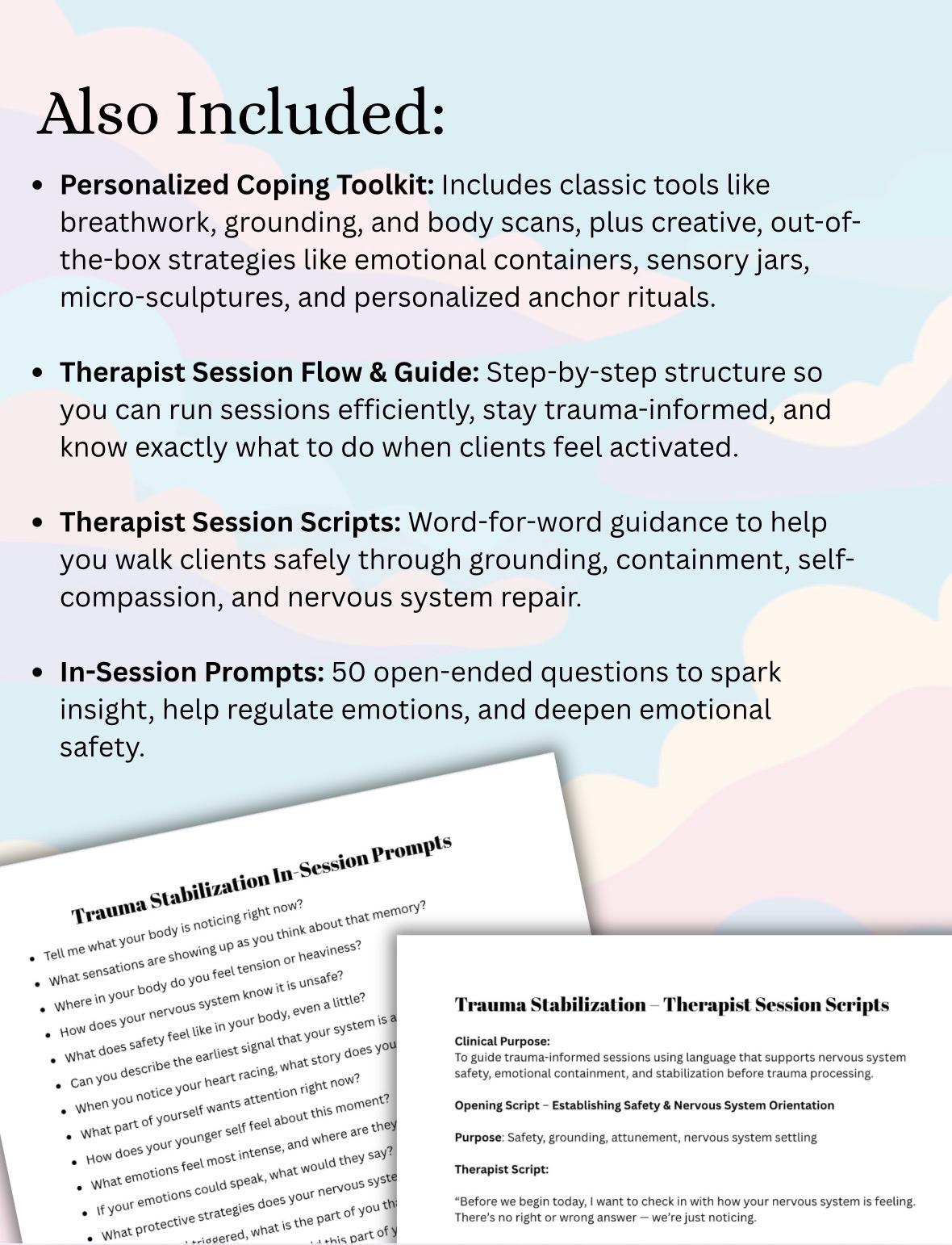 Trauma Stabilization Emotional Safety Toolkit for Therapists Client Worksheets, Session Scripts  In-Session Prompts Trauma-Informed