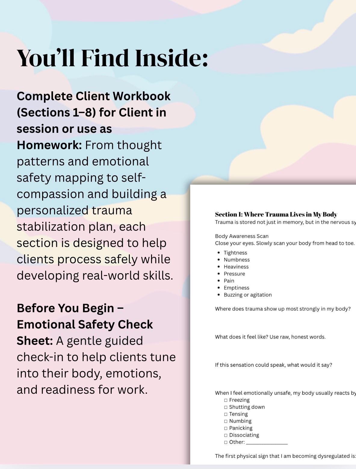 Trauma Stabilization Emotional Safety Toolkit for Therapists Client Worksheets, Session Scripts  In-Session Prompts Trauma-Informed
