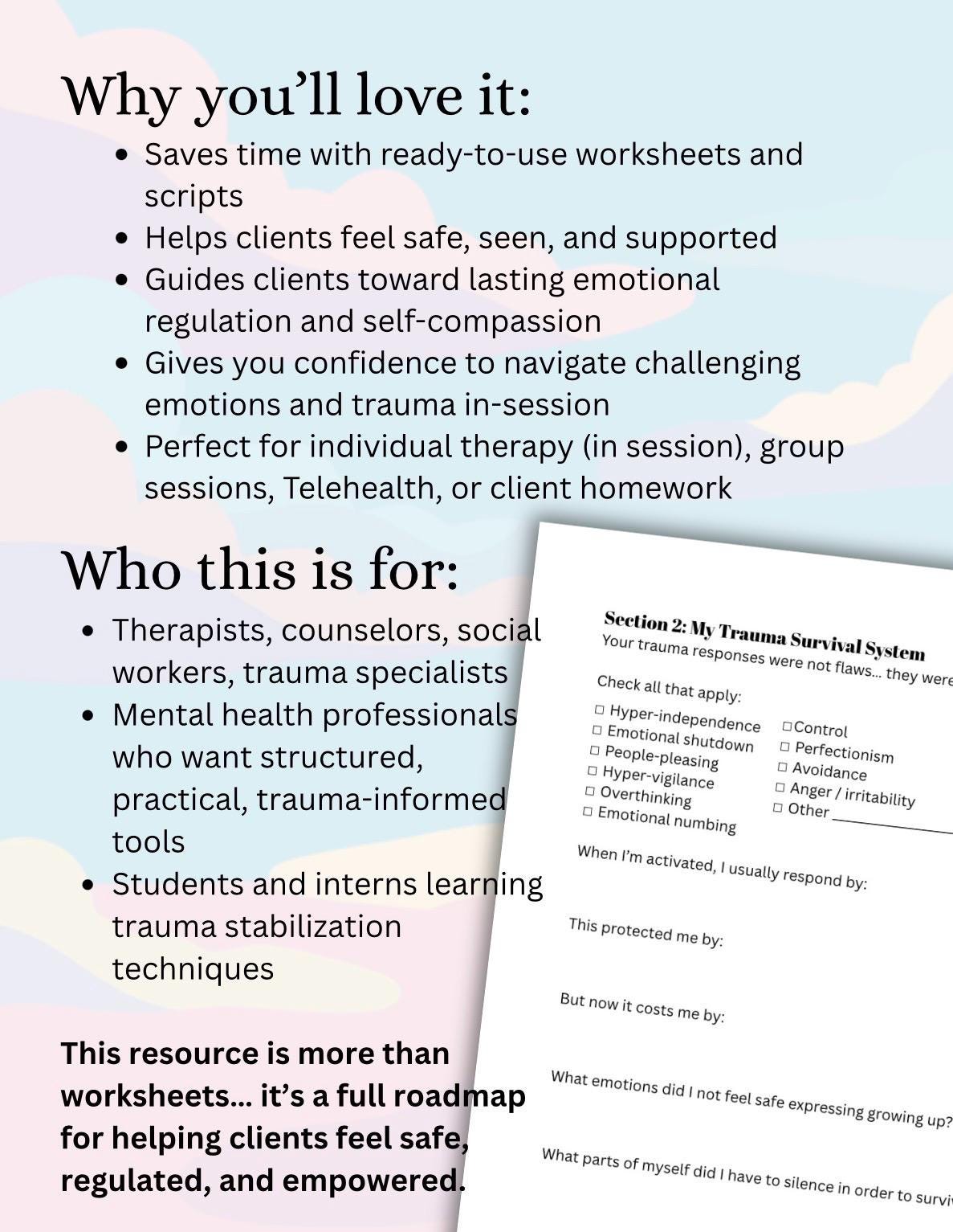 Trauma Stabilization Emotional Safety Toolkit for Therapists Client Worksheets, Session Scripts  In-Session Prompts Trauma-Informed