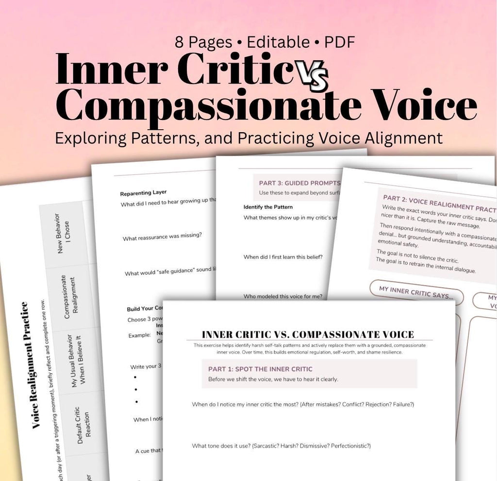 Inner Critic vs Compassionate Voice Worksheet Self-Esteem, Shame Healing, Self-Compassion Exercises, Therapy Printable