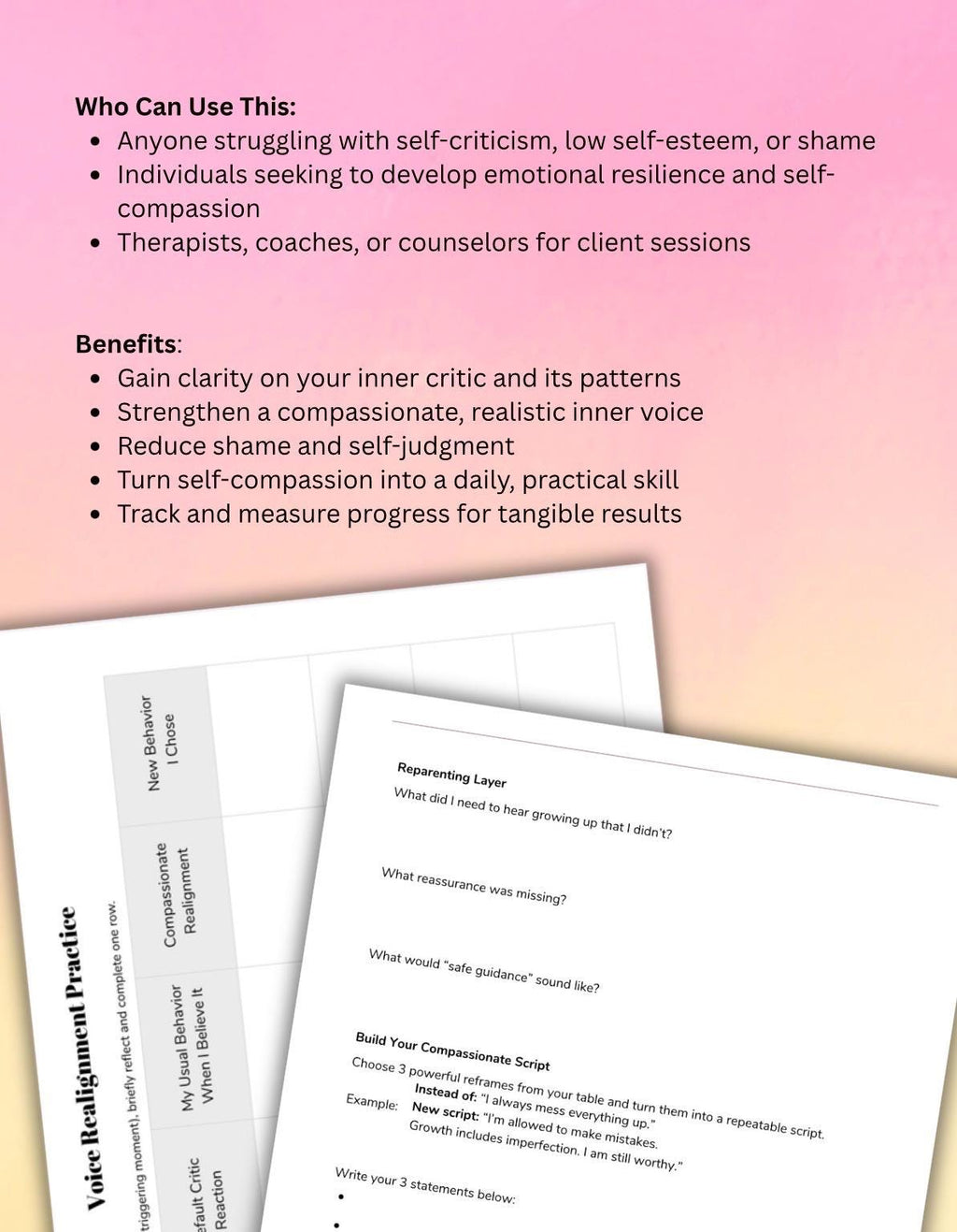Inner Critic vs Compassionate Voice Worksheet Self-Esteem, Shame Healing, Self-Compassion Exercises, Therapy Printable