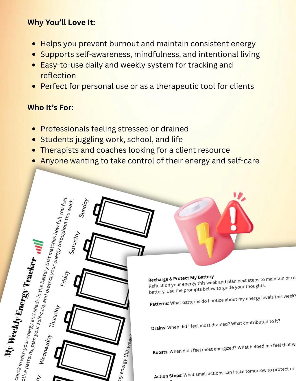 Check My Battery Worksheet | Energy Tracker, Self-Care Planner, Burnout Prevention, Mental Health Printable, Weekly Energy Log