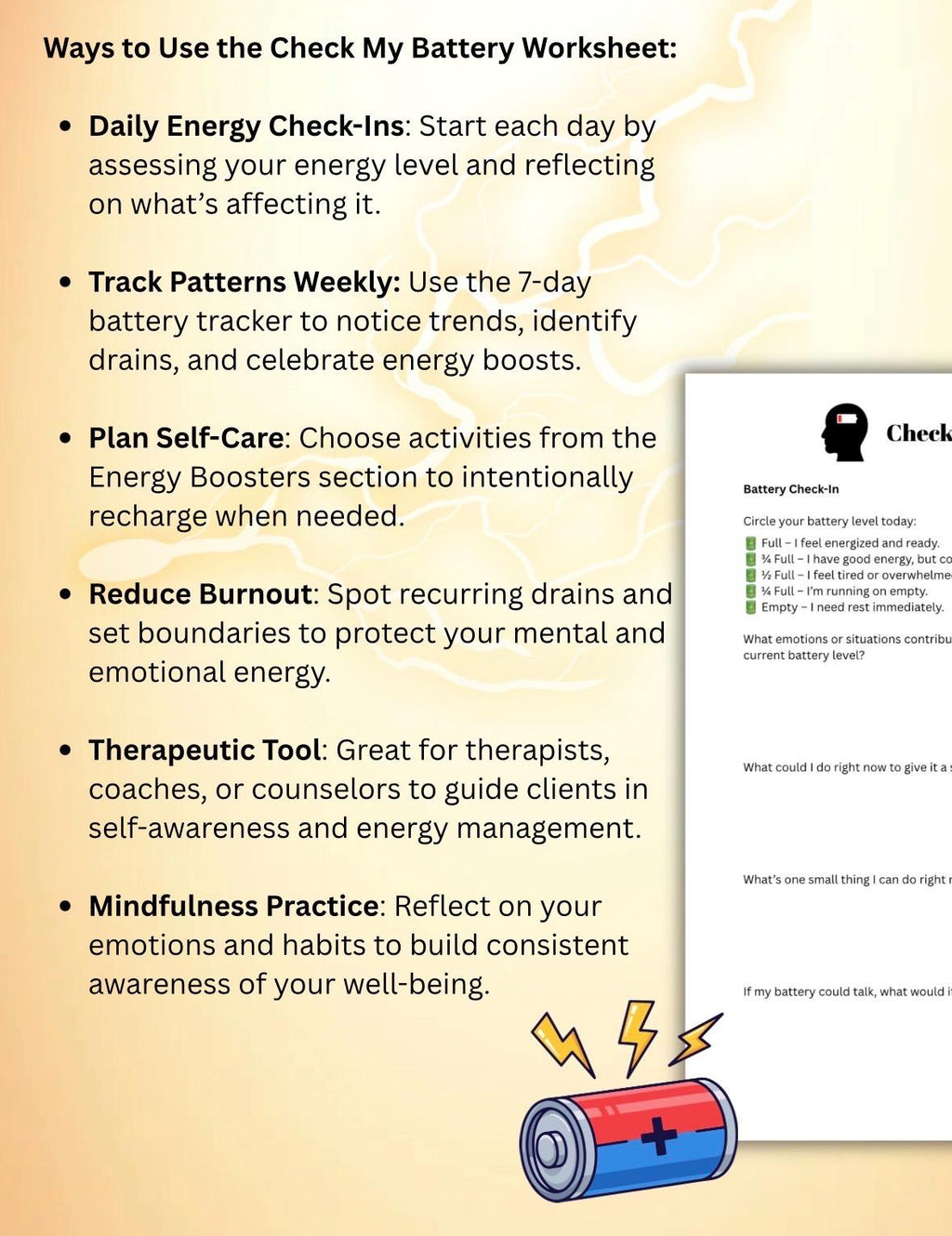 Check My Battery Worksheet | Energy Tracker, Self-Care Planner, Burnout Prevention, Mental Health Printable, Weekly Energy Log