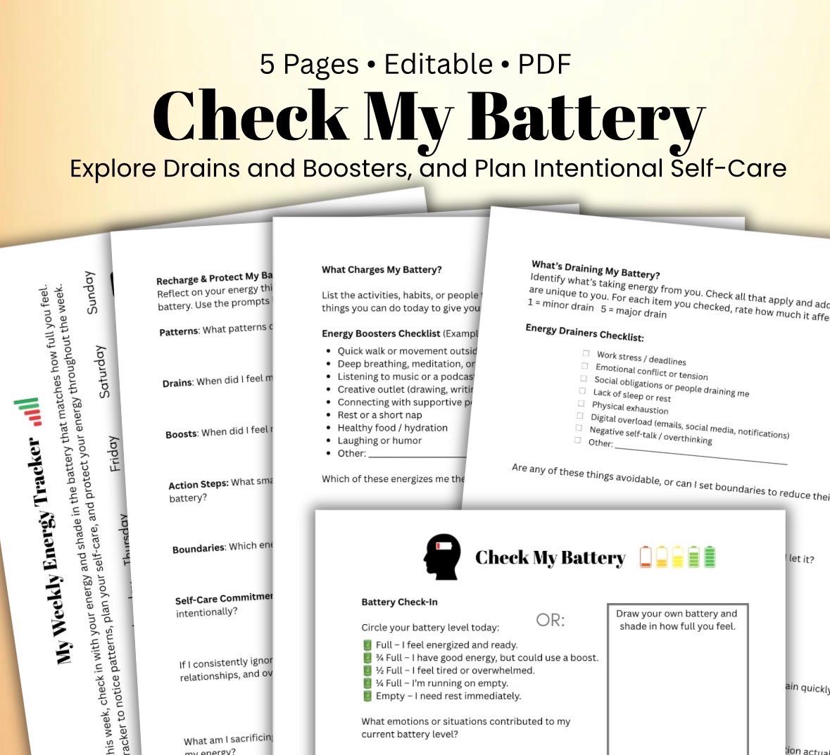 Check My Battery Worksheet | Energy Tracker, Self-Care Planner, Burnout Prevention, Mental Health Printable, Weekly Energy Log