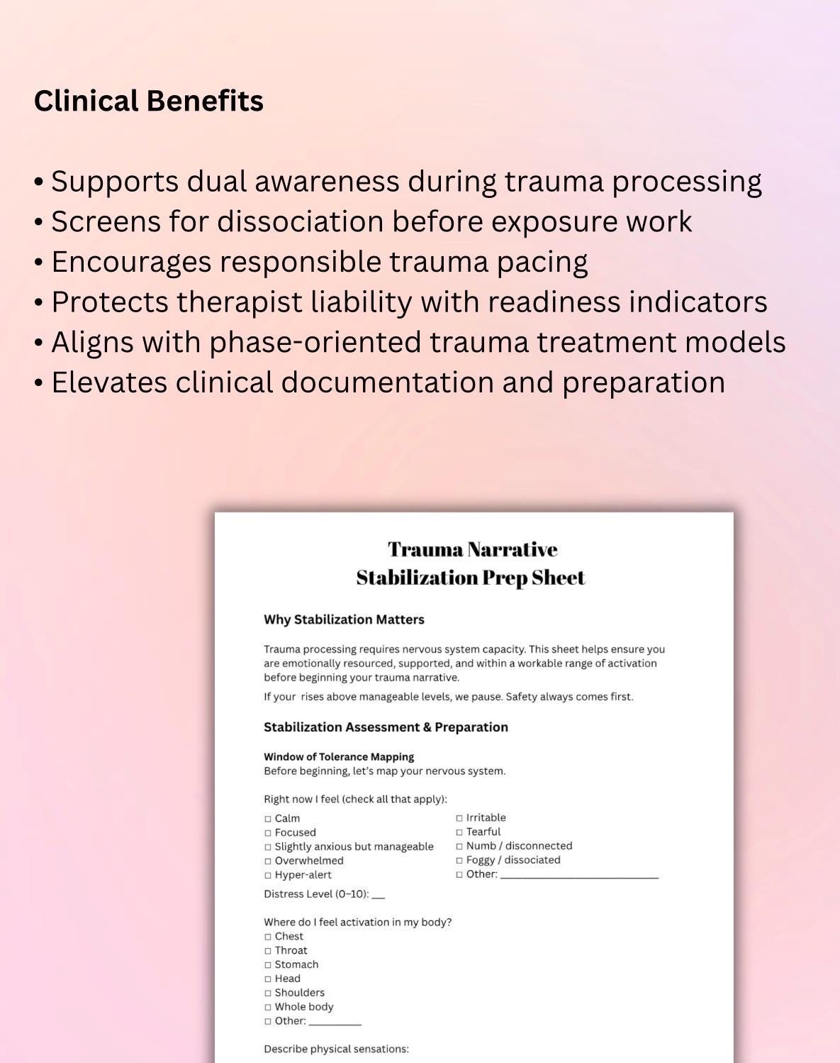 Trauma Narrative Worksheet Therapist Tool Stabilization & Dissociation Screening Trauma Processing Therapy Resource