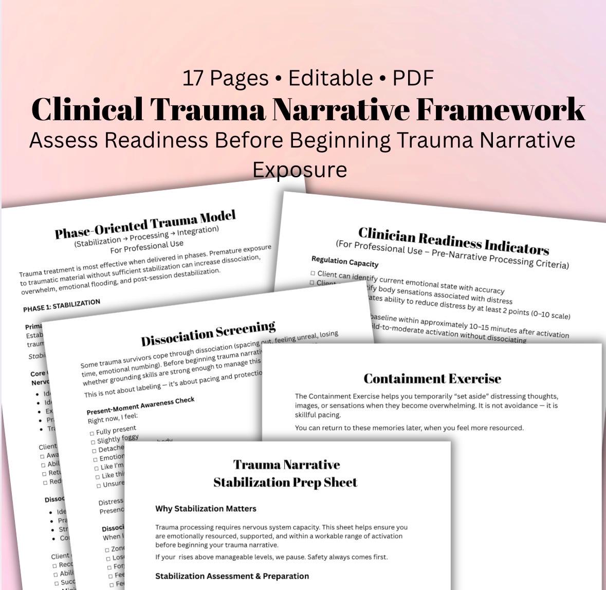 Trauma Narrative Worksheet Therapist Tool Stabilization & Dissociation Screening Trauma Processing Therapy Resource